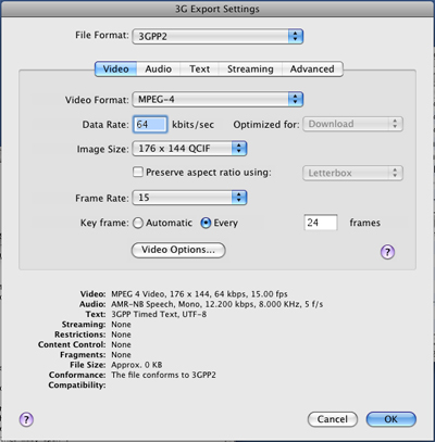 PcP Encodings - 3GPP (Release A) - Video Settings